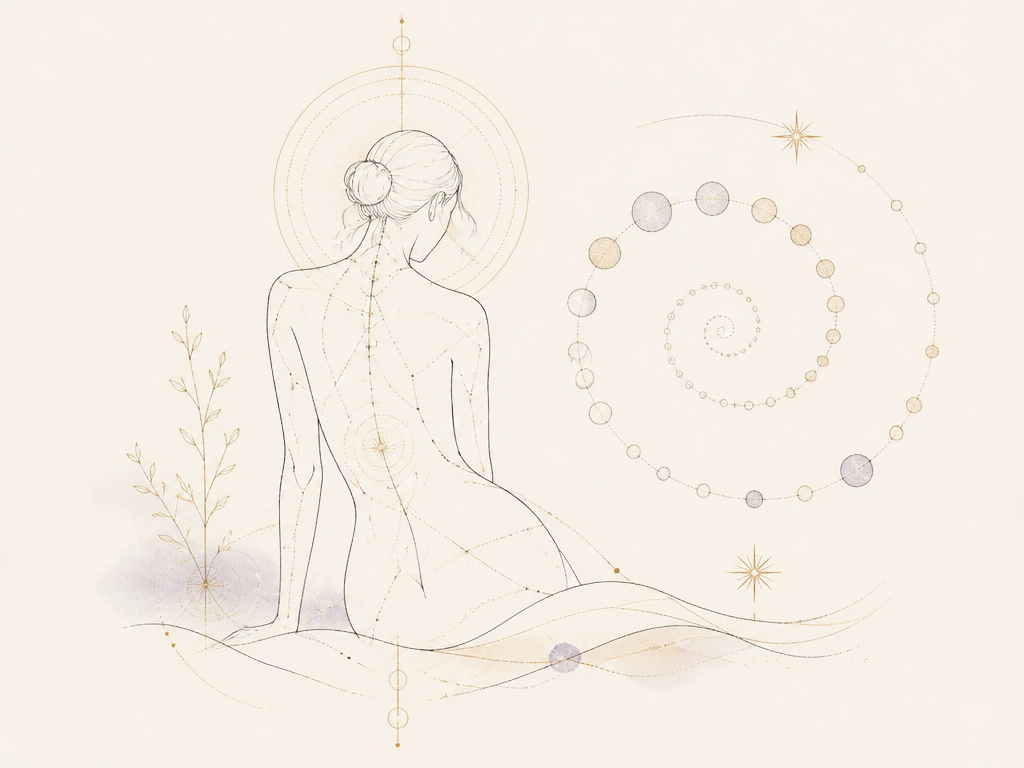 Illustrazione della pelle come diario: punti di memoria sul corpo e spirale degli anni